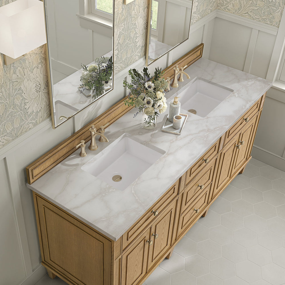 
                  
                    Lorelai 72" Double Vanity in Light Natural Oak James Martin Vanities Victorian Silver Silestone 
                  
                