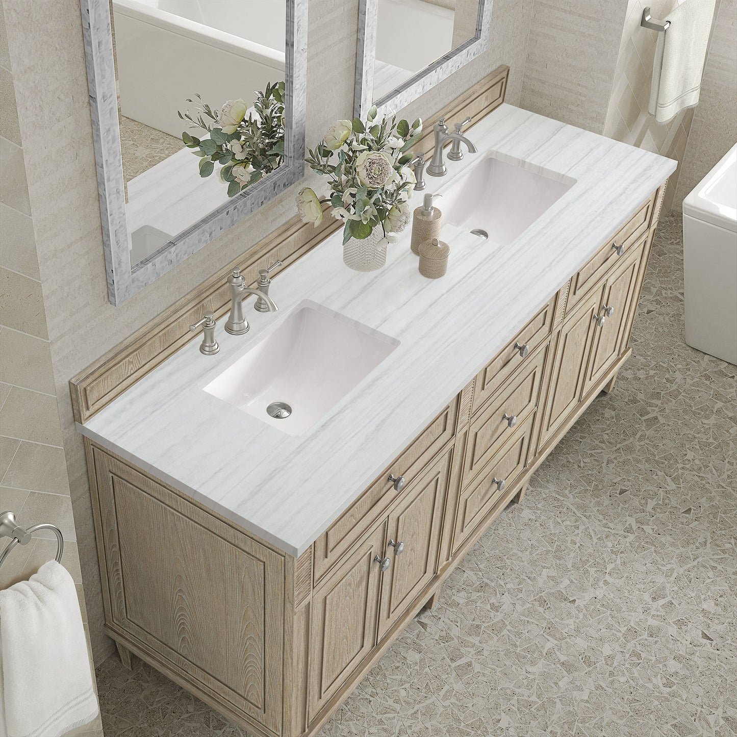 
                  
                    Lorelai 72" Double Vanity in Whitewashed Oak James Martin Vanities Arctic Fall solid surface 
                  
                