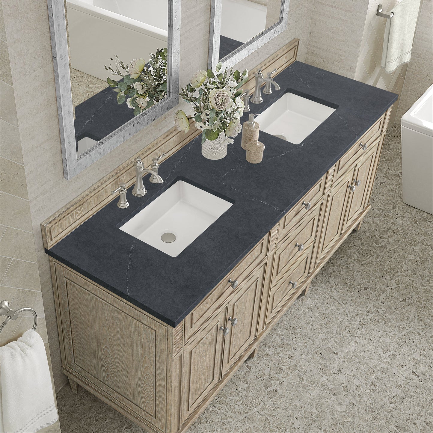 
                  
                    Lorelai 72" Double Vanity in Whitewashed Oak James Martin Vanities Charcoal Soapstone Silestone 
                  
                