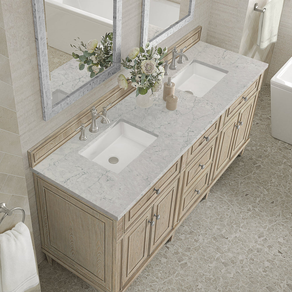 
                  
                    Lorelai 72" Double Vanity in Whitewashed Oak James Martin Vanities Eternal Jasmine Pearl Silestone 
                  
                