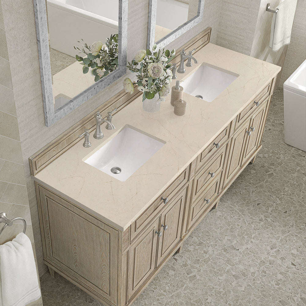 
                  
                    Lorelai 72" Double Vanity in Whitewashed Oak James Martin Vanities Eternal Marfil Silestone 
                  
                