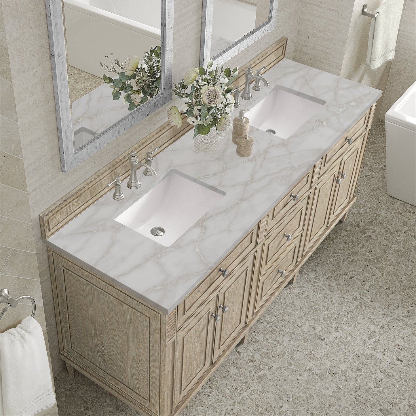 
                  
                    Lorelai 72" Double Vanity in Whitewashed Oak James Martin Vanities Victorian Silver Silestone 
                  
                