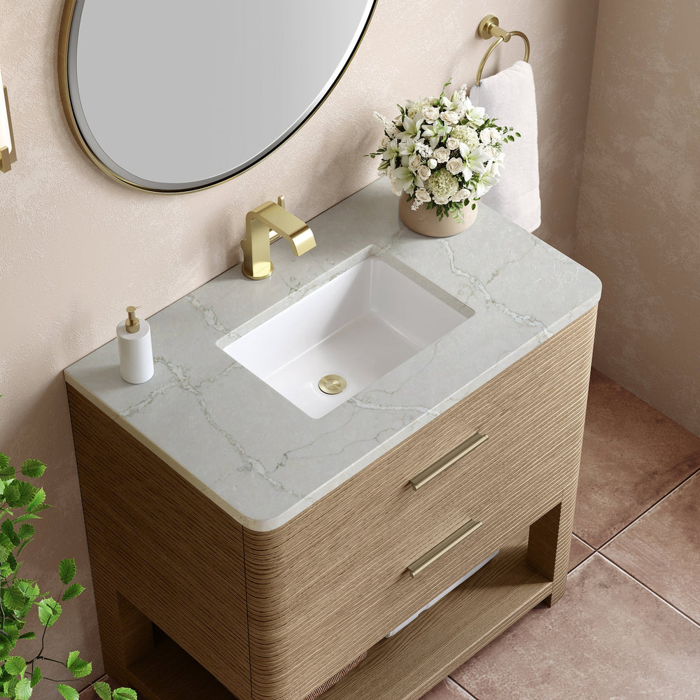 
                  
                    Lucian 36" Single Vanity in Pebble Oak Single Bathroom Vanity James Martin Vanities Victorian Silver Quartz 
                  
                