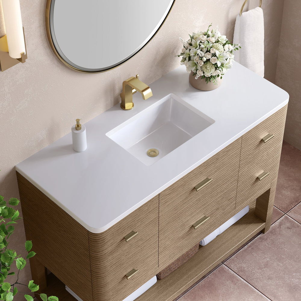 
                  
                    Lucian 48" Single Vanity in Pebble Oak Single Bathroom Vanity James Martin Vanities White Zeus Quartz 
                  
                