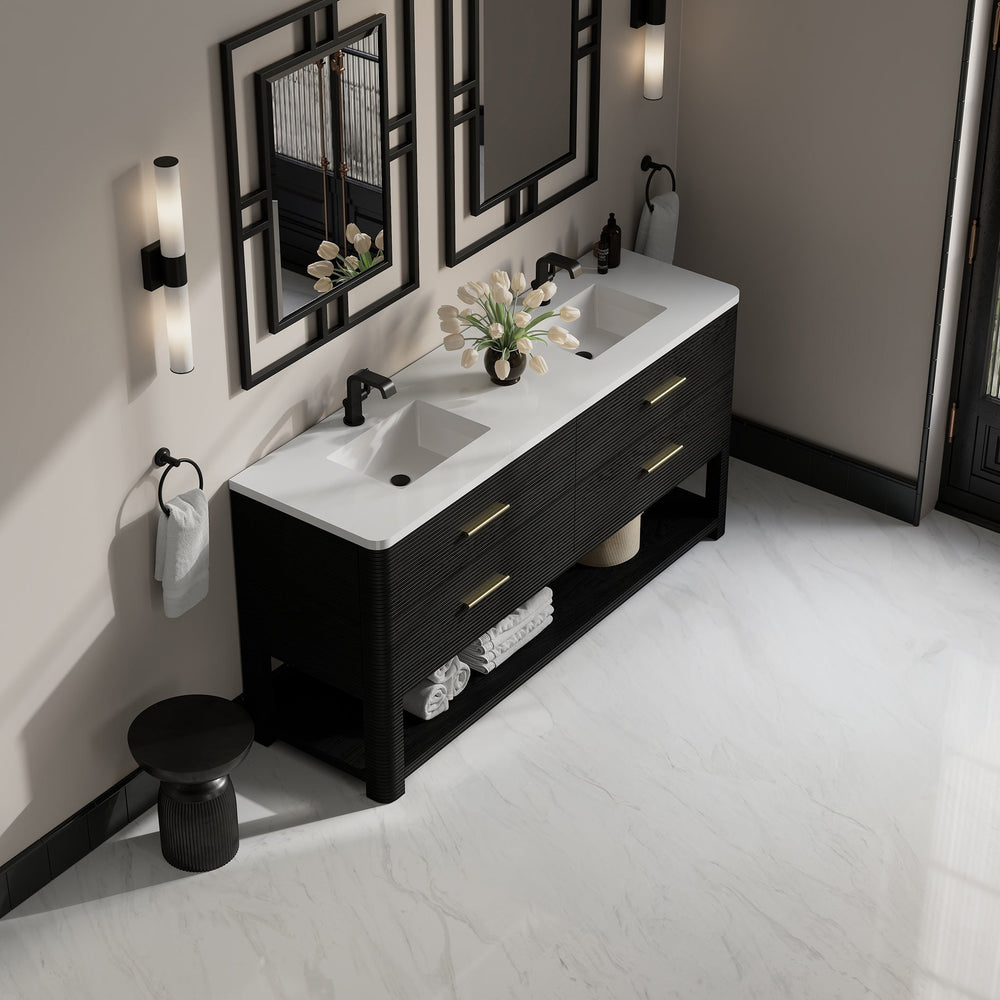 
                  
                    Lucian 72" Double Vanity in Carbon Oak Double bathroom Vanity James Martin Vanities White Zeus Silestone 
                  
                