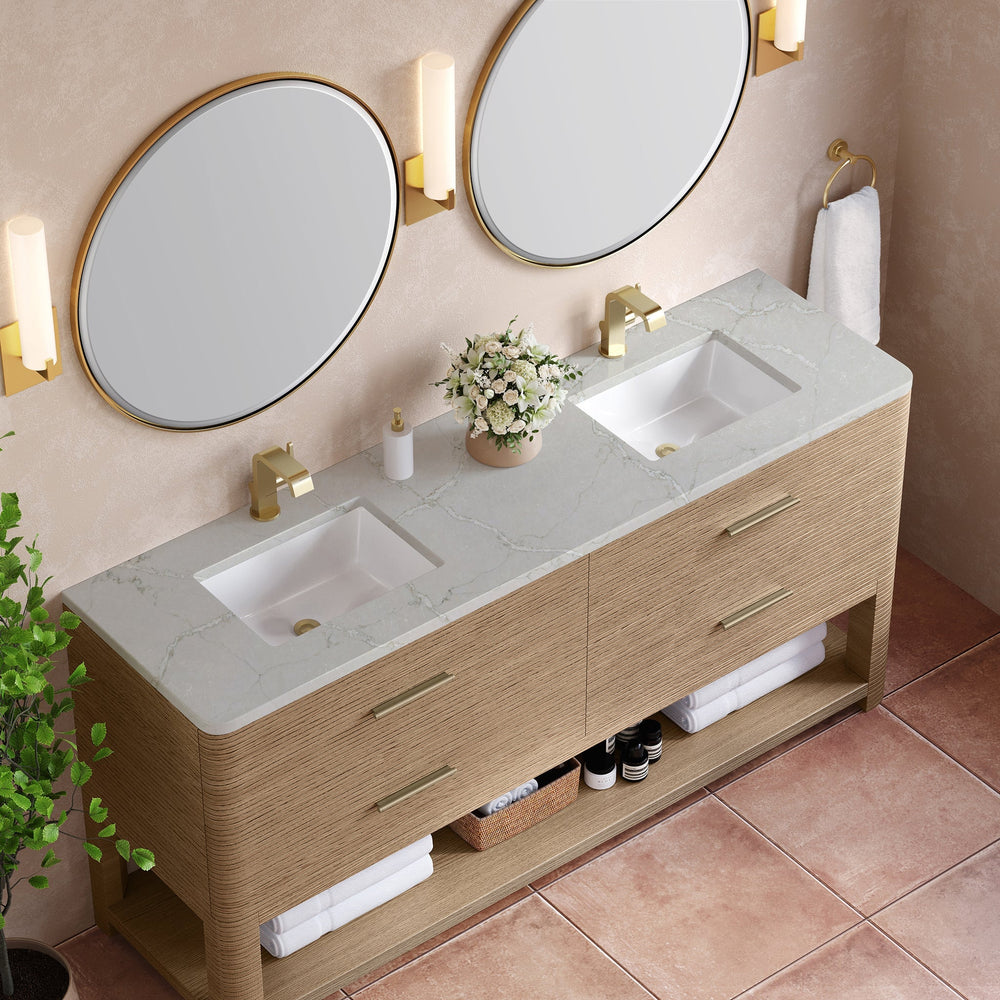 
                  
                    Lucian 72" Double Vanity in Pebble Oak Double bathroom Vanity James Martin Vanities Victorian Silver Quartz 
                  
                