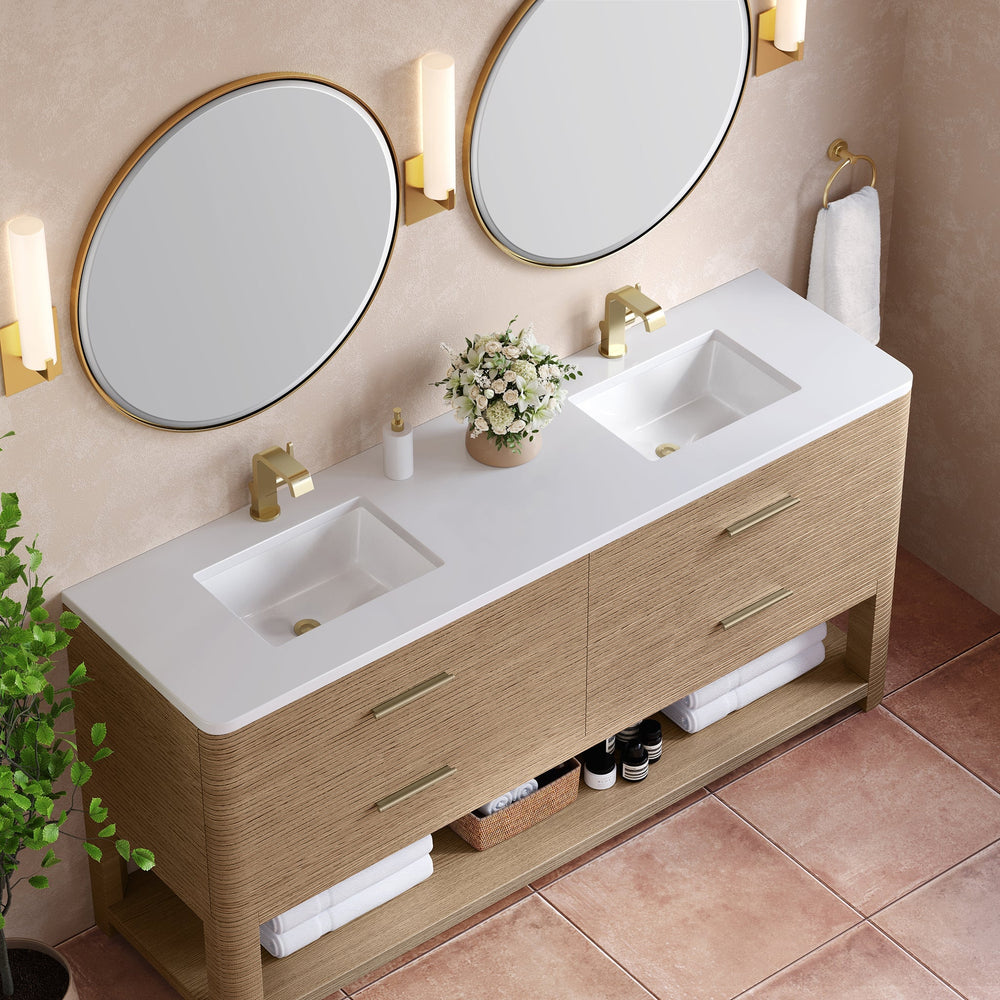 
                  
                    Lucian 72" Double Vanity in Pebble Oak Double bathroom Vanity James Martin Vanities White Zeus Quartz 
                  
                