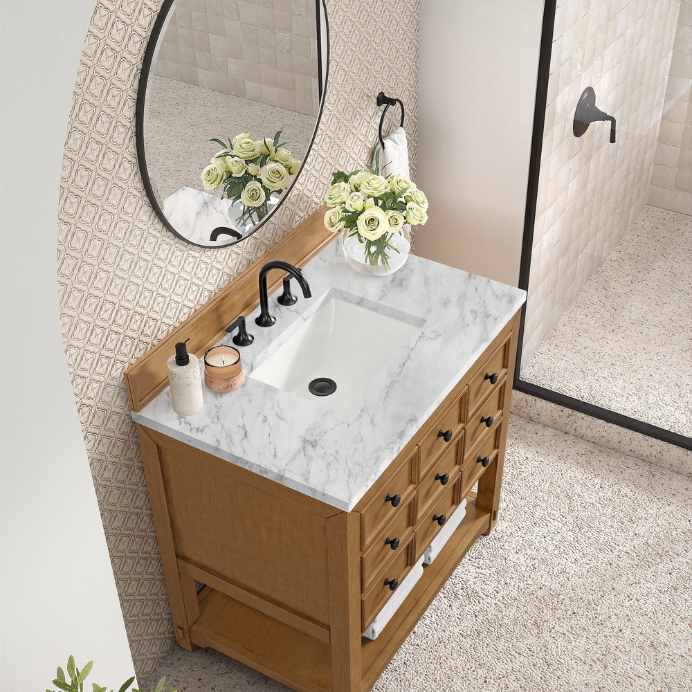 
                  
                    Malibu 36" Single Bathroom Vanity in Amber Birch Single Bathroom Vanity James Martin Vanities Carrara White Marble 
                  
                