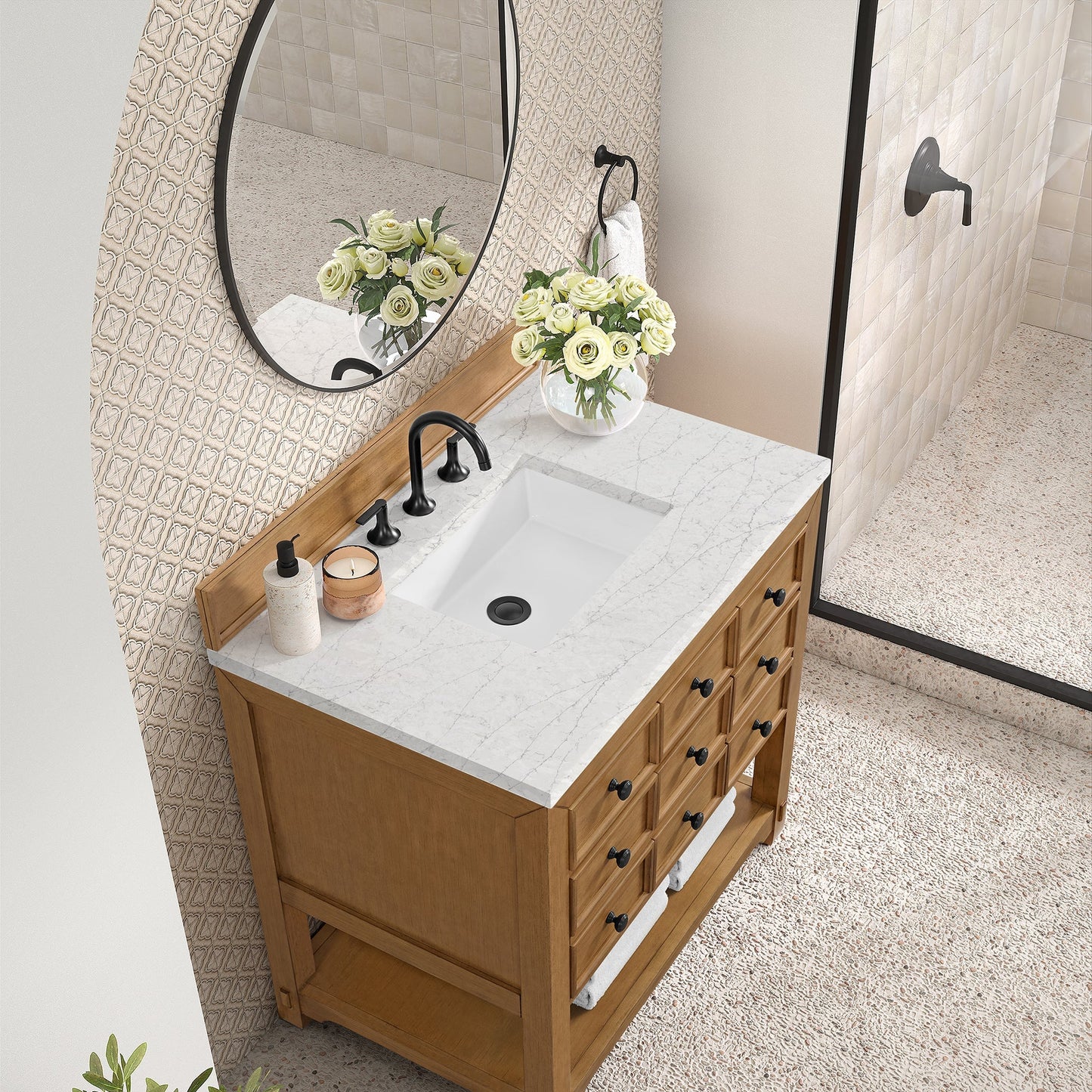 
                  
                    Malibu 36" Single Bathroom Vanity in Amber Birch Single Bathroom Vanity James Martin Vanities Eternal Jasmine Pearl Silestone 
                  
                