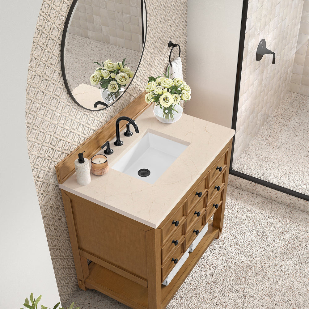 
                  
                    Malibu 36" Single Bathroom Vanity in Amber Birch Single Bathroom Vanity James Martin Vanities Eternal Marfil Silestone 
                  
                