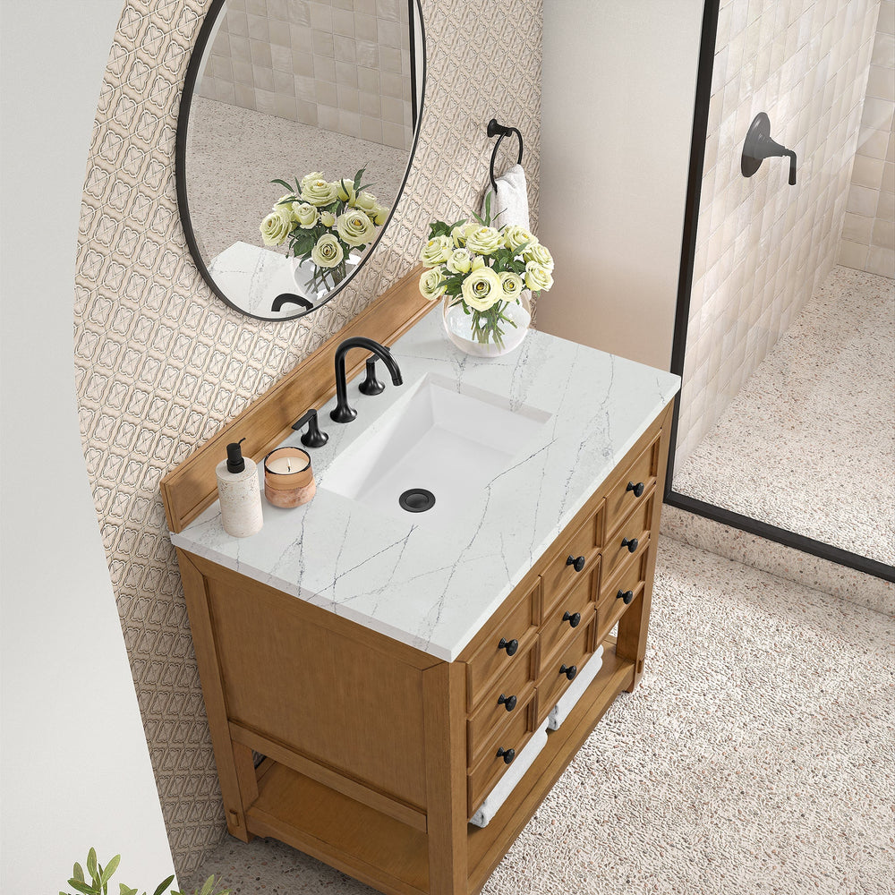 
                  
                    Malibu 36" Single Bathroom Vanity in Amber Birch Single Bathroom Vanity James Martin Vanities Ethereal Noctis Silestone 
                  
                