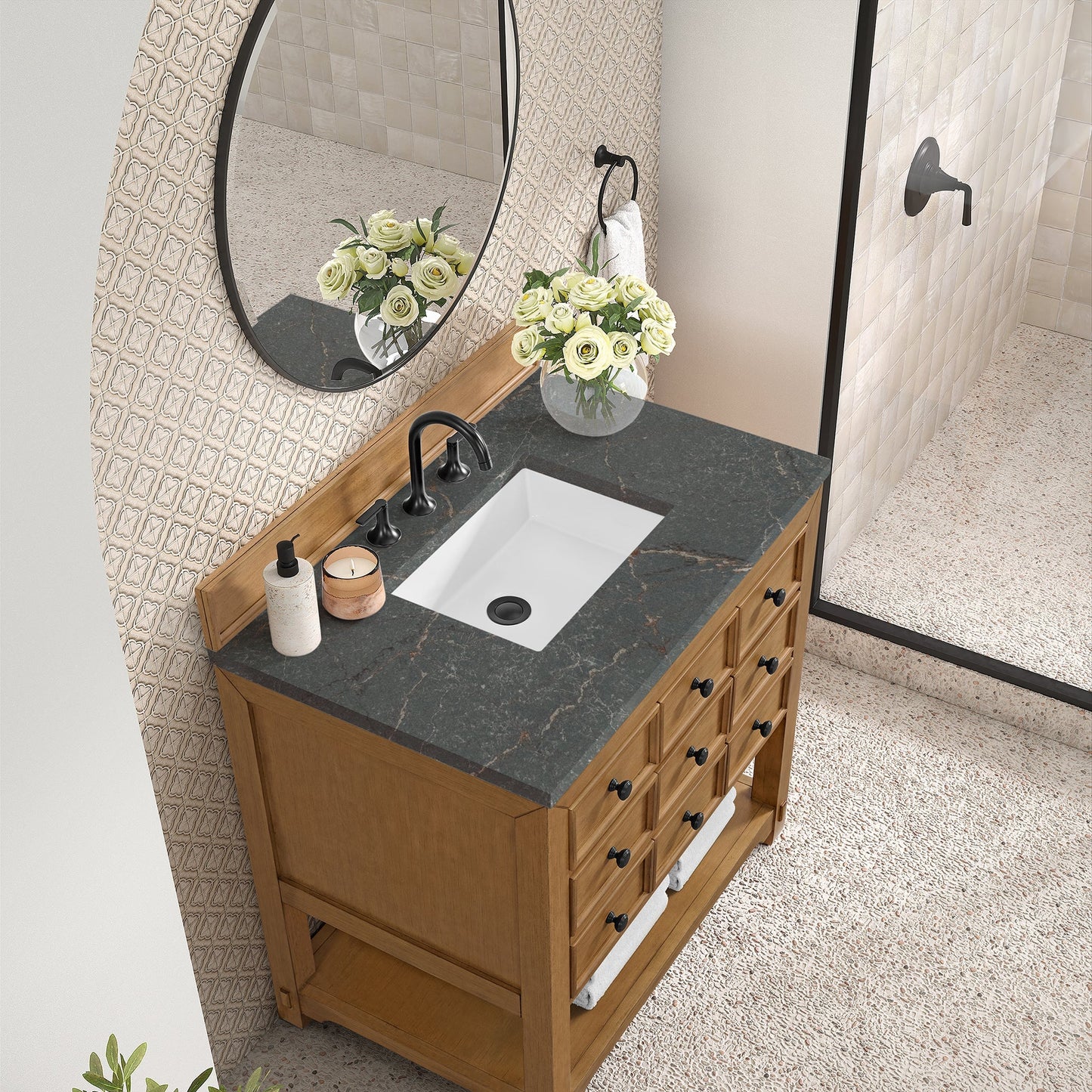 
                  
                    Malibu 36" Single Bathroom Vanity in Amber Birch Single Bathroom Vanity James Martin Vanities Parisien Bleu Silestone 
                  
                