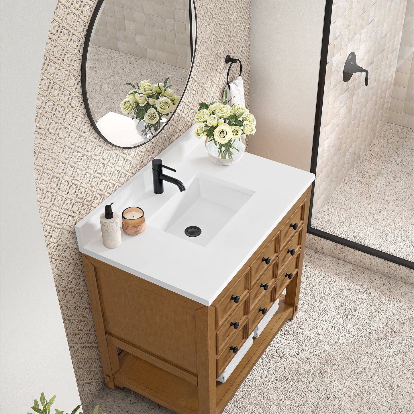 
                  
                    Malibu 36" Single Bathroom Vanity in Amber Birch Single Bathroom Vanity James Martin Vanities White Zeus Silestone Single Hole Faucet with Backsplash 
                  
                