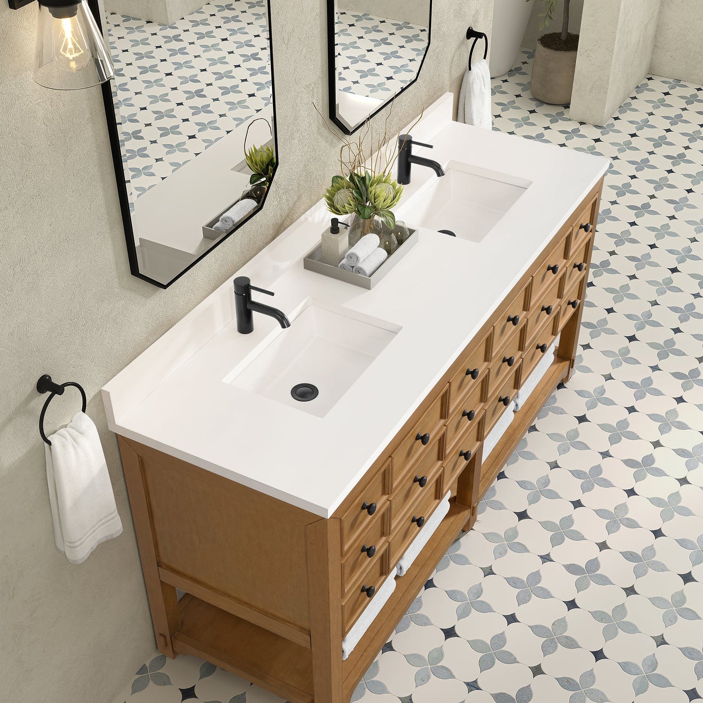 
                  
                    Malibu 72" Double Bathroom Vanity in Amber Birch Double bathroom Vanity James Martin Vanities White Zeus Silestone Single Hole Faucet Top w/Backsplash 
                  
                