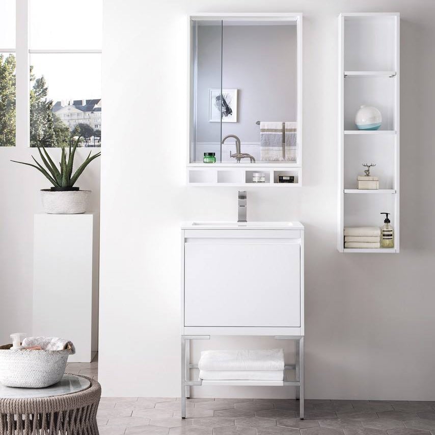 Mantova 23.6" Single Vanity Cabinet, Glossy White, Brushed Nickel Base Single Bathroom Vanity James Martin Vanities 