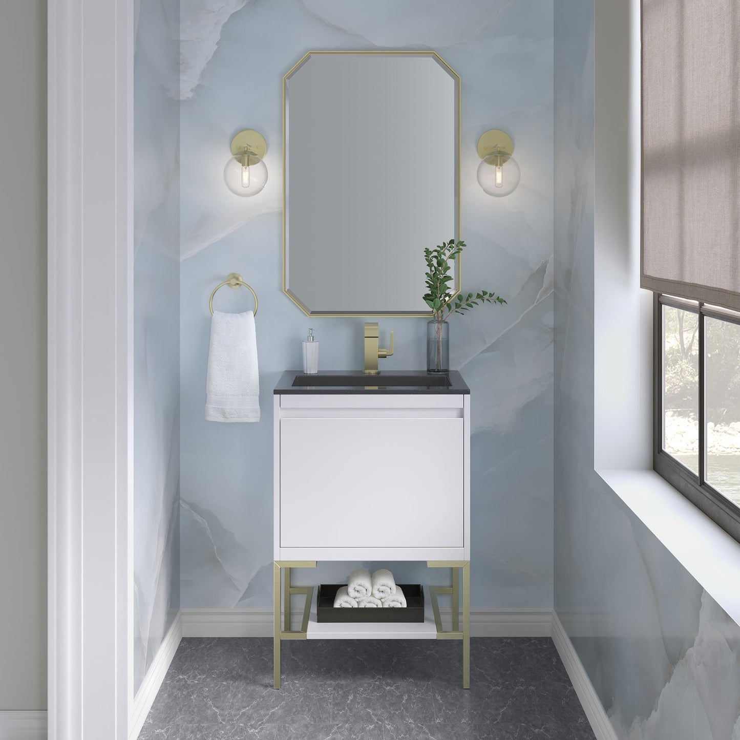 Mantova 23.6" Single Vanity Cabinet, Glossy White, Champagne Brass Base Single Bathroom Vanity James Martin Vanities 