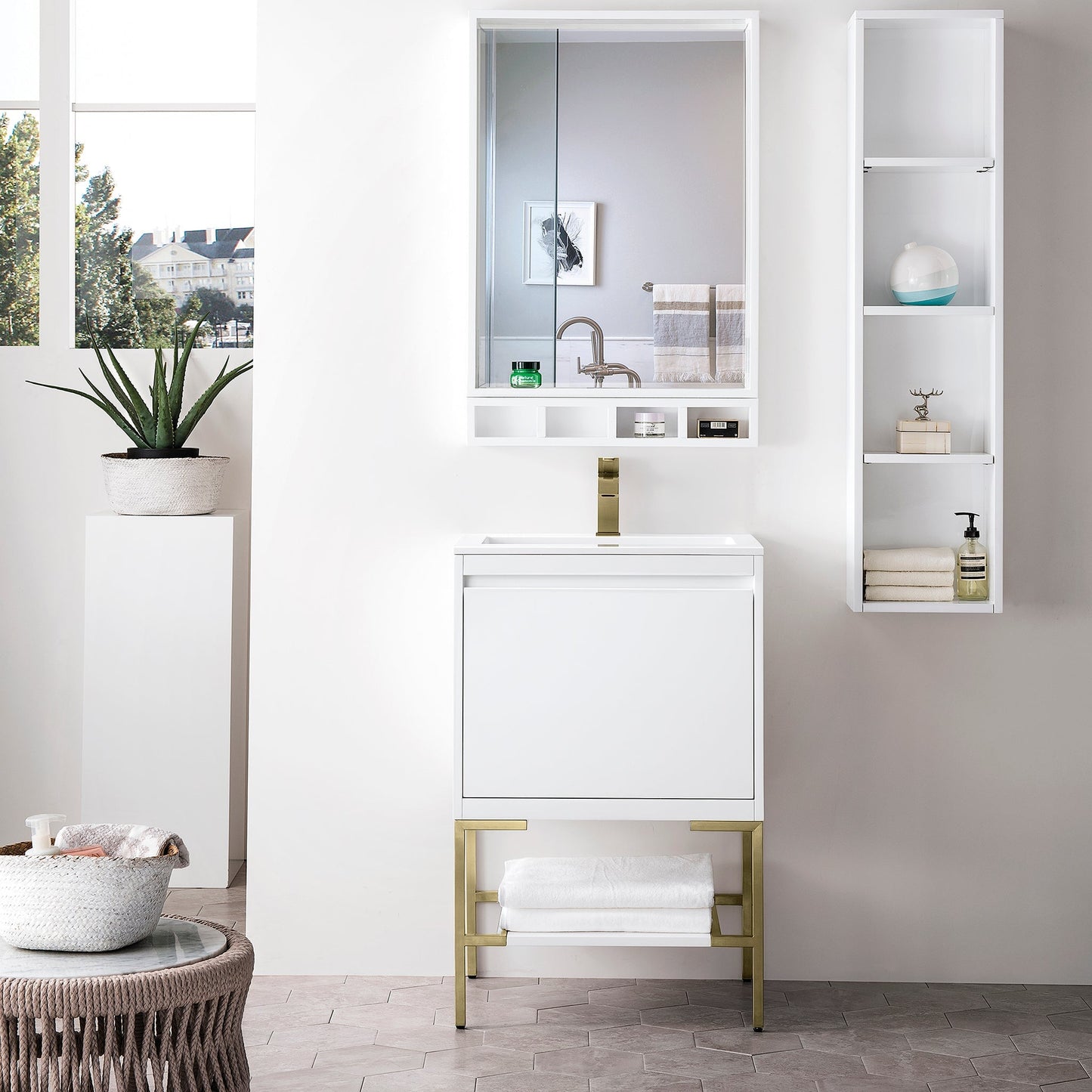 Mantova 23.6" Single Vanity Cabinet, Glossy White, Champagne Brass Base Single Bathroom Vanity James Martin Vanities 