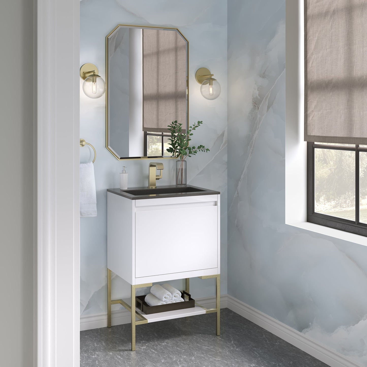 
                  
                    Mantova 23.6" Single Vanity Cabinet, Glossy White, Champagne Brass Base Single Bathroom Vanity James Martin Vanities 
                  
                