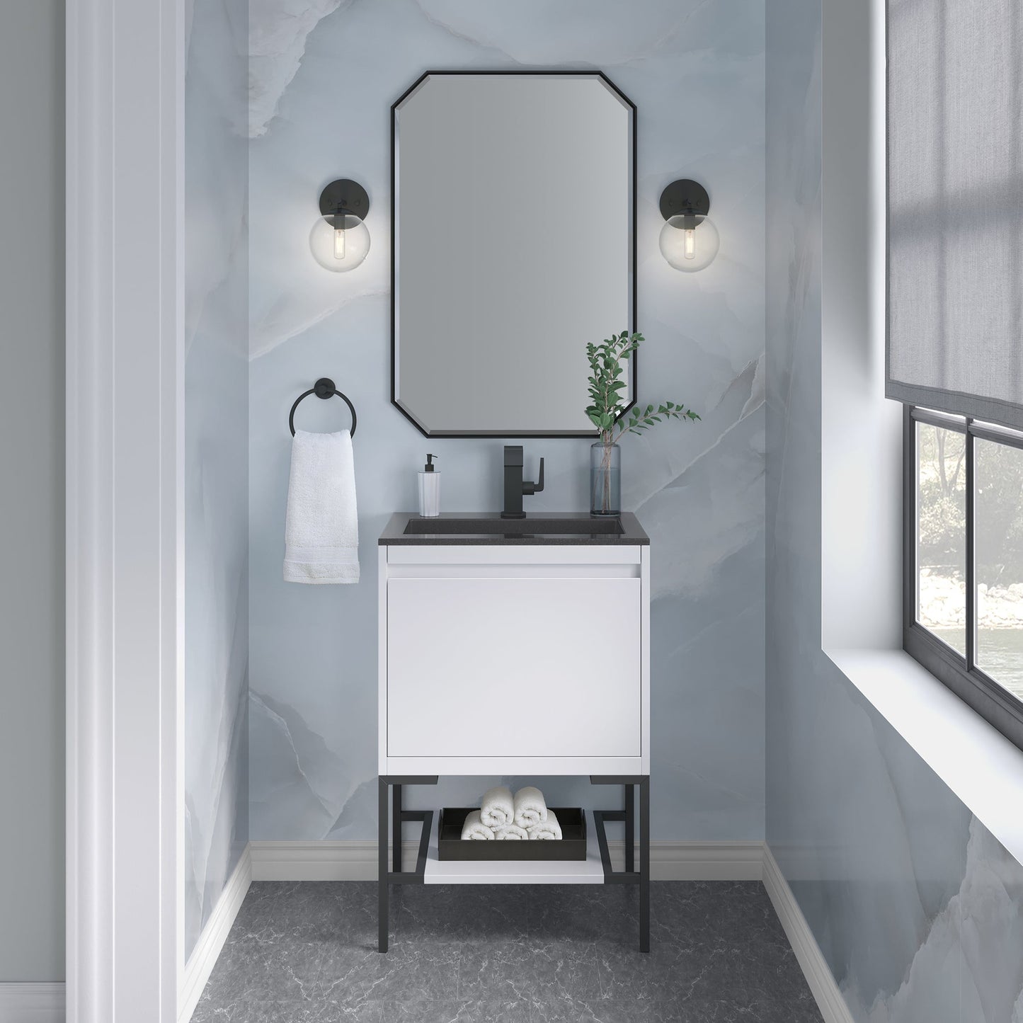 Mantova 23.6" Single Vanity Cabinet, Glossy White, Matte Black Base Single Bathroom Vanity James Martin Vanities 