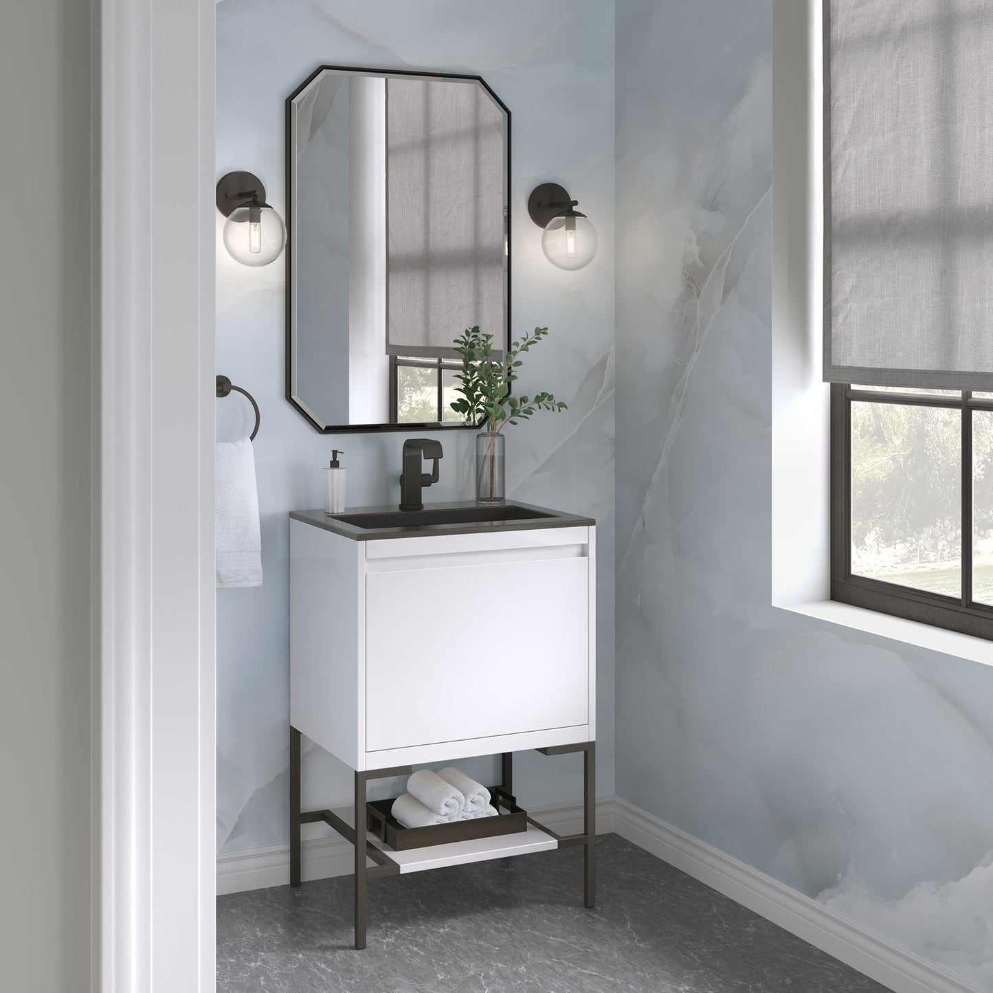 
                  
                    Mantova 23.6" Single Vanity Cabinet, Glossy White, Matte Black Base Single Bathroom Vanity James Martin Vanities 
                  
                