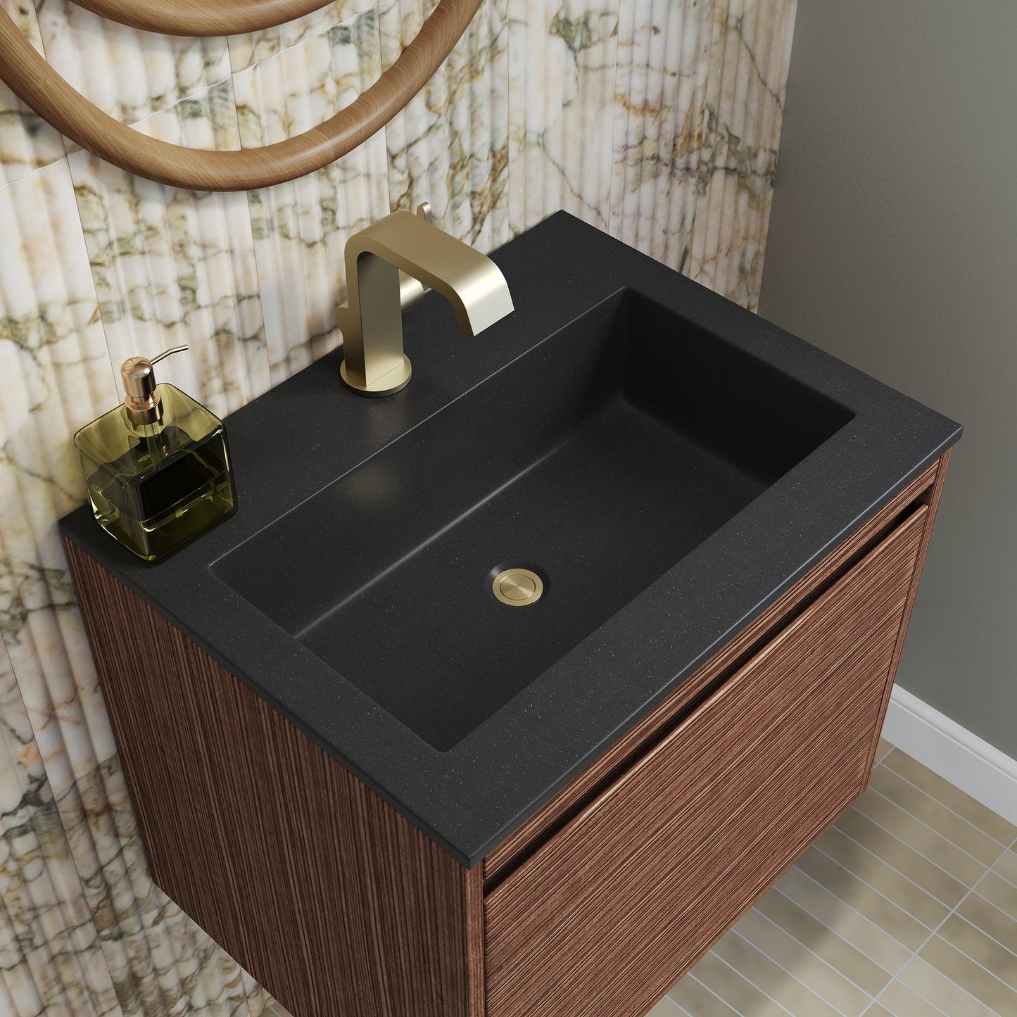 
                  
                    Mantova 23.6" Single Vanity Cabinet, Mid Century Walnut, Champagne Brass Base Single Bathroom Vanity James Martin Vanities Charcoal Black 
                  
                