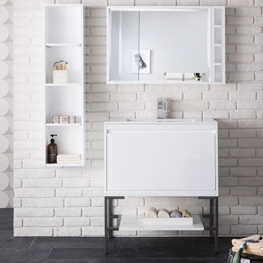 Mantova 31.5" Single Vanity Cabinet, Glossy White, Matte Black Base Single Bathroom Vanity James Martin Vanities 