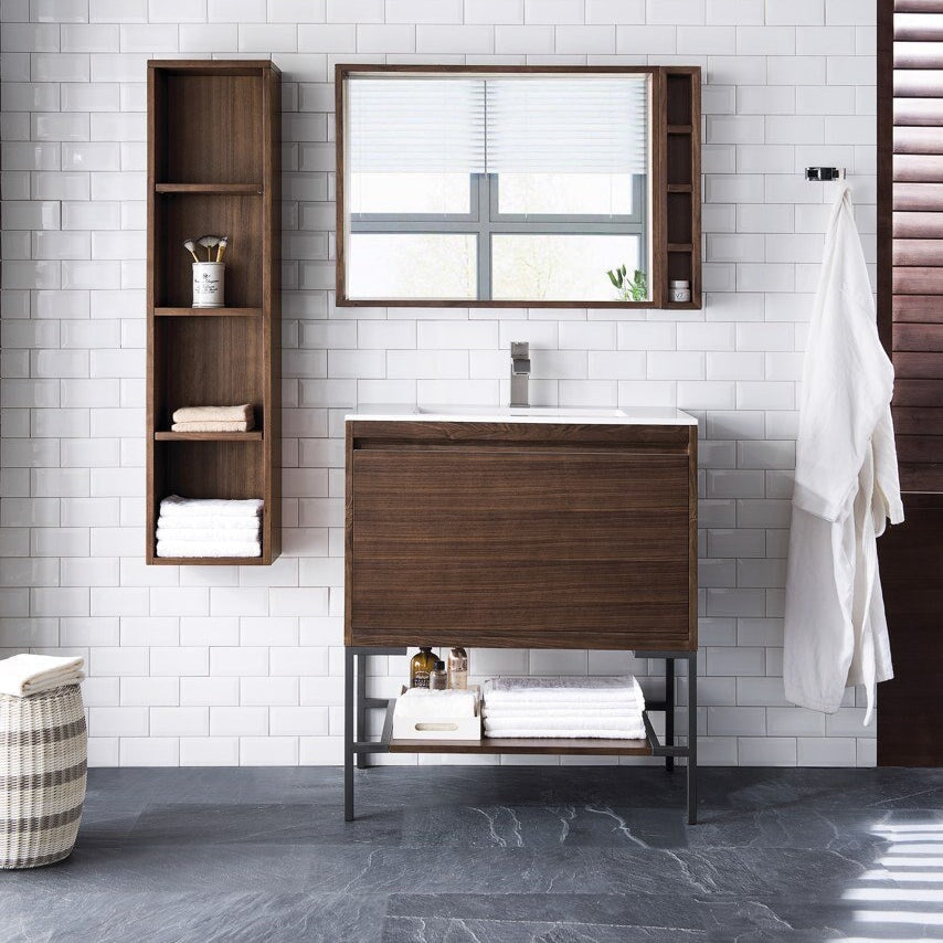 Mantova 31.5" Single Vanity Cabinet, Mid Century Walnut, Matte Black Base Single Bathroom Vanity James Martin Vanities 