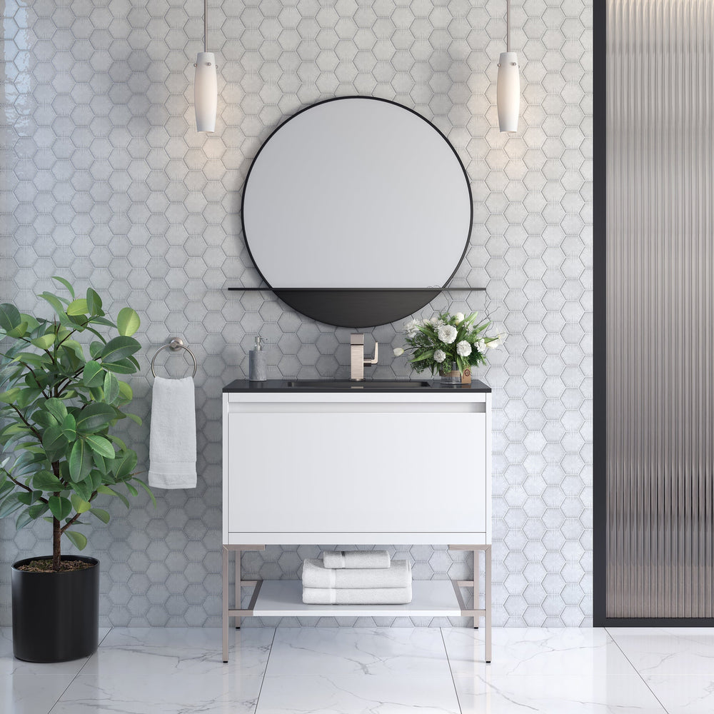 
                  
                    Mantova 35.4" Single Vanity Cabinet, Glossy White, Brushed Nickel Base Single Bathroom Vanity James Martin Vanities 
                  
                