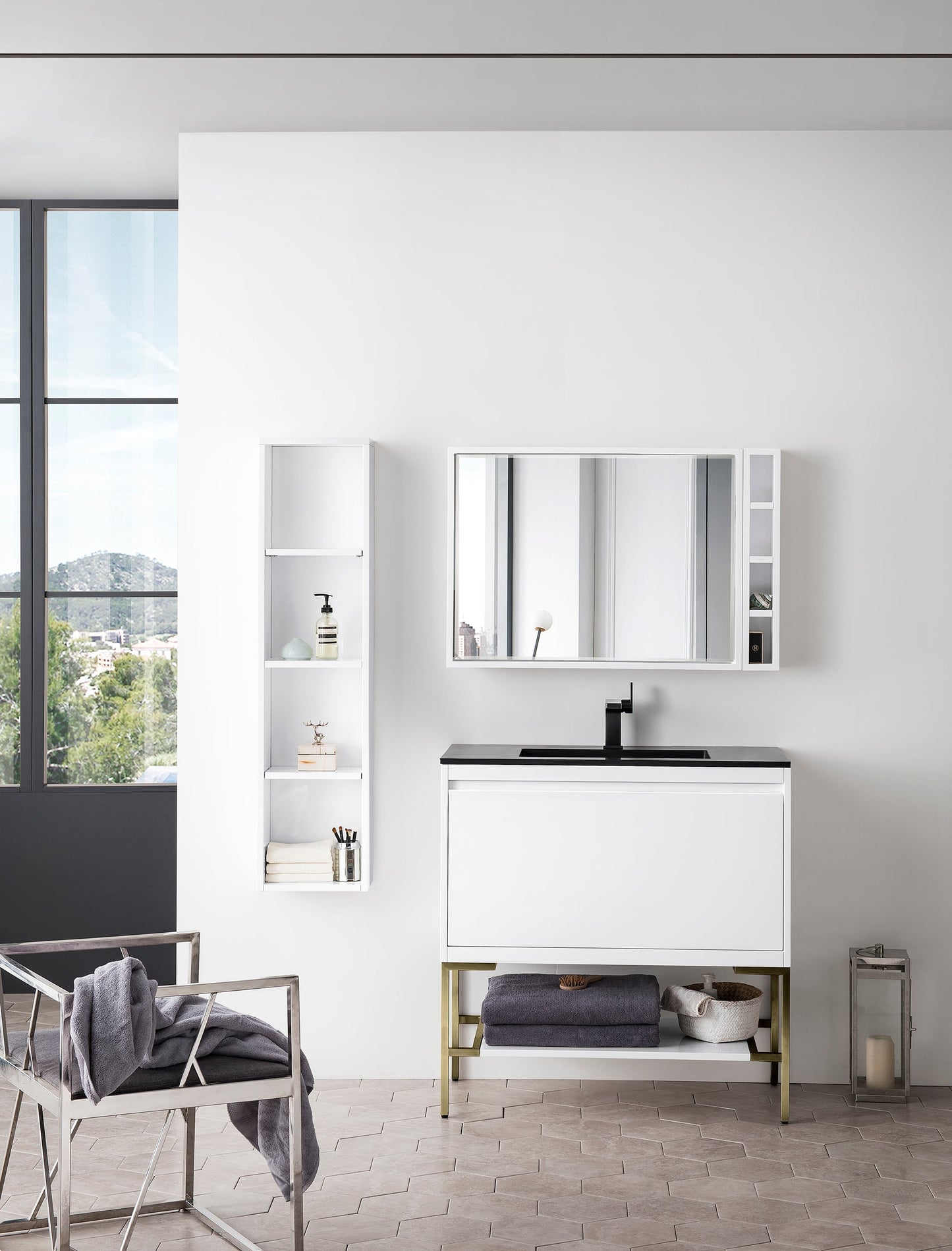
                  
                    Mantova 35.4" Single Vanity Cabinet, Glossy White, Champagne Brass Base Single Bathroom Vanity James Martin Vanities 
                  
                