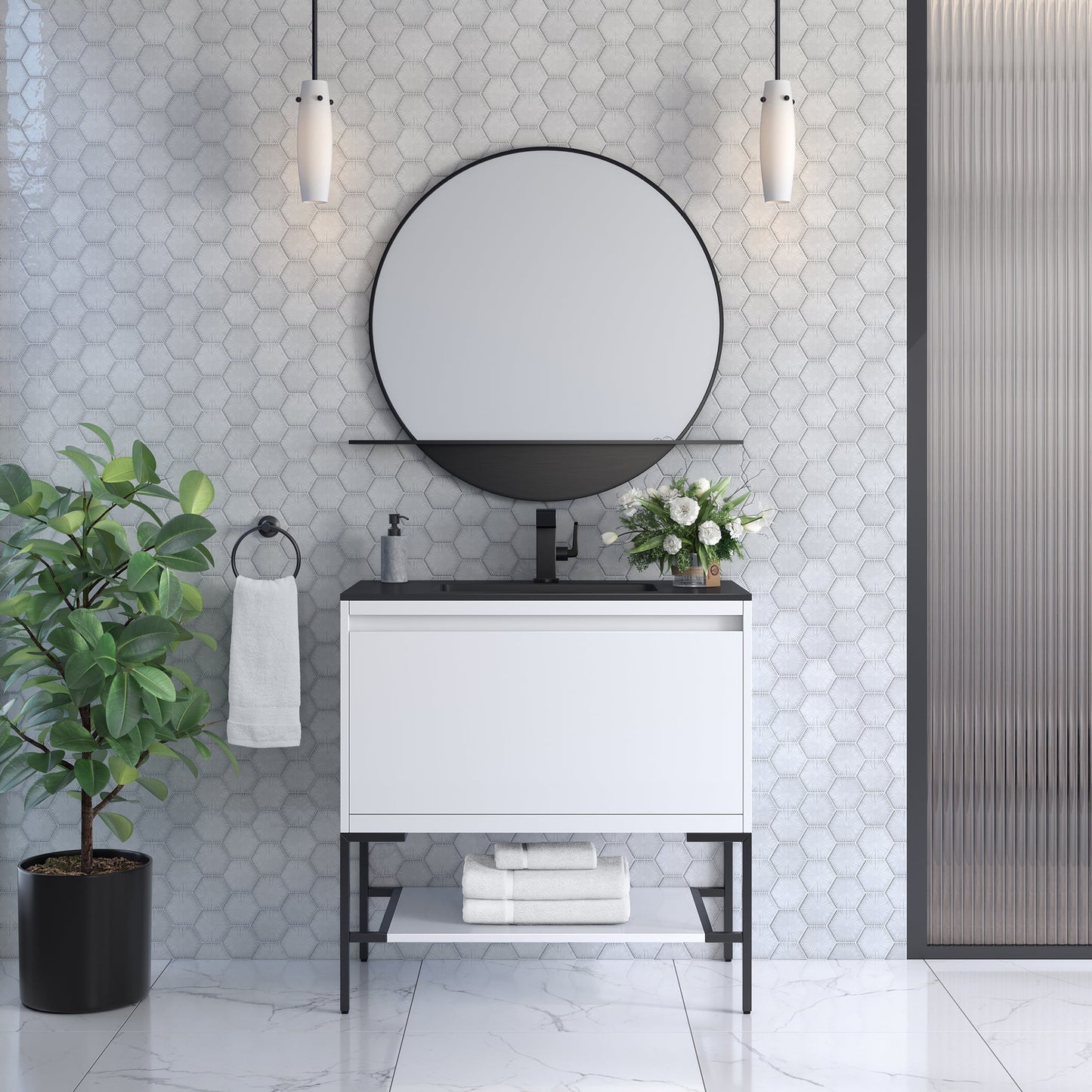 Mantova 35.4" Single Vanity Cabinet, Glossy White, Matte Black Base Single Bathroom Vanity James Martin Vanities 