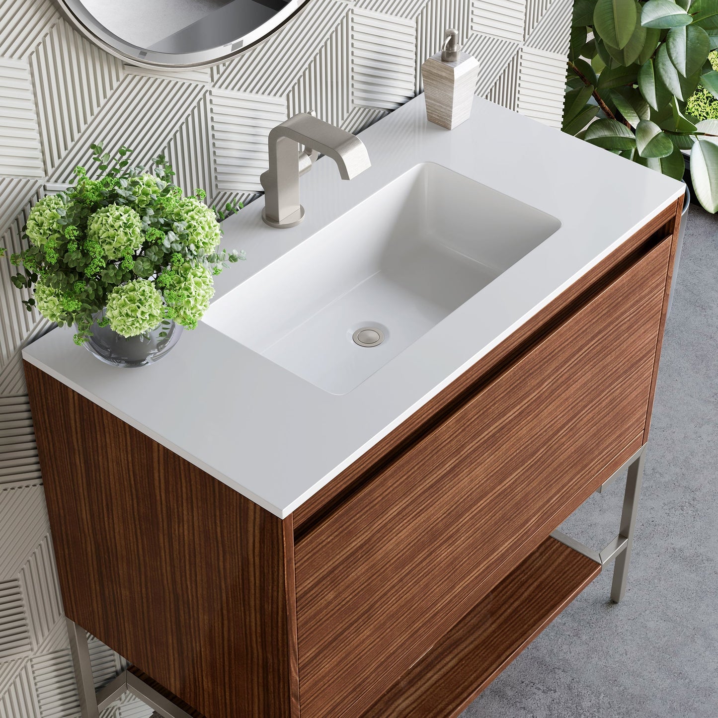 
                  
                    Mantova 35.4" Single Vanity Cabinet, Mid Century Walnut, Brushed Nickel Base Single Bathroom Vanity James Martin Vanities Glossy White 
                  
                