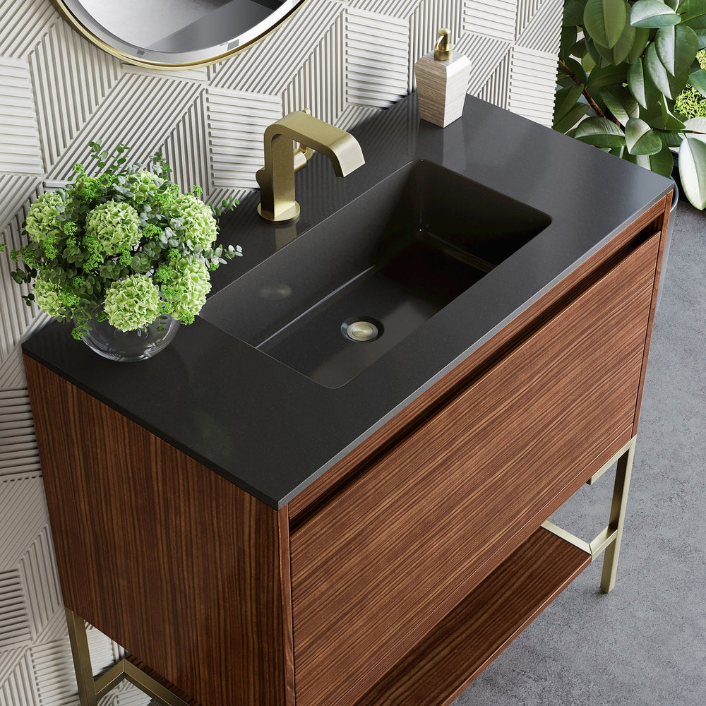 
                  
                    Mantova 35.4" Single Vanity Cabinet, Mid Century Walnut, Champagne Brass Base Single Bathroom Vanity James Martin Vanities Charcoal Black 
                  
                