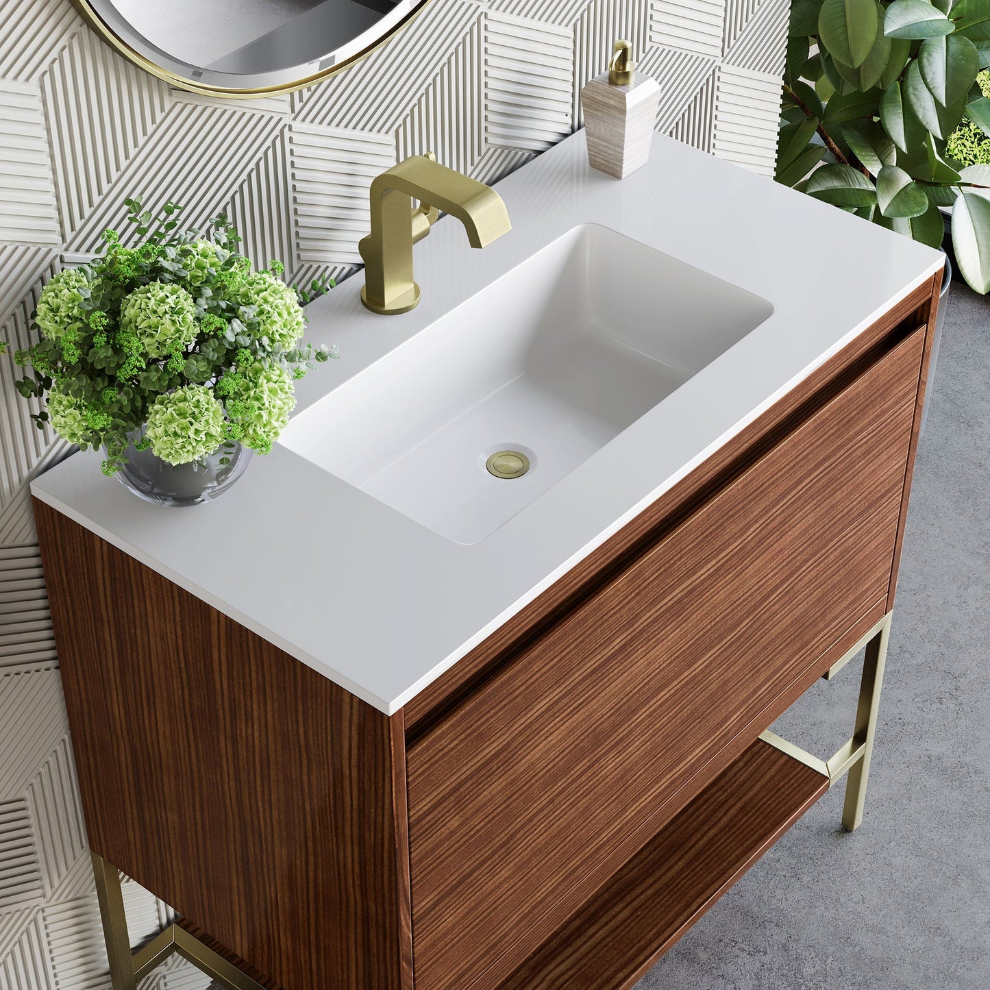 
                  
                    Mantova 35.4" Single Vanity Cabinet, Mid Century Walnut, Champagne Brass Base Single Bathroom Vanity James Martin Vanities Glossy White 
                  
                