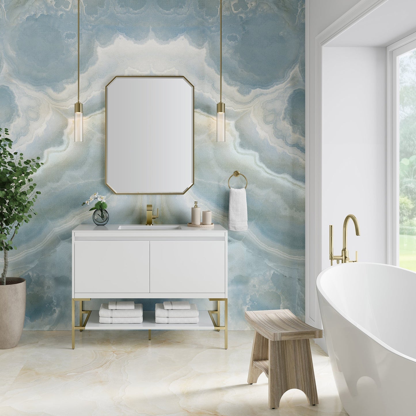 
                  
                    Mantova 47.3" Single Vanity Cabinet, Glossy White, Champagne Brass Base Single Bathroom Vanity James Martin Vanities 
                  
                