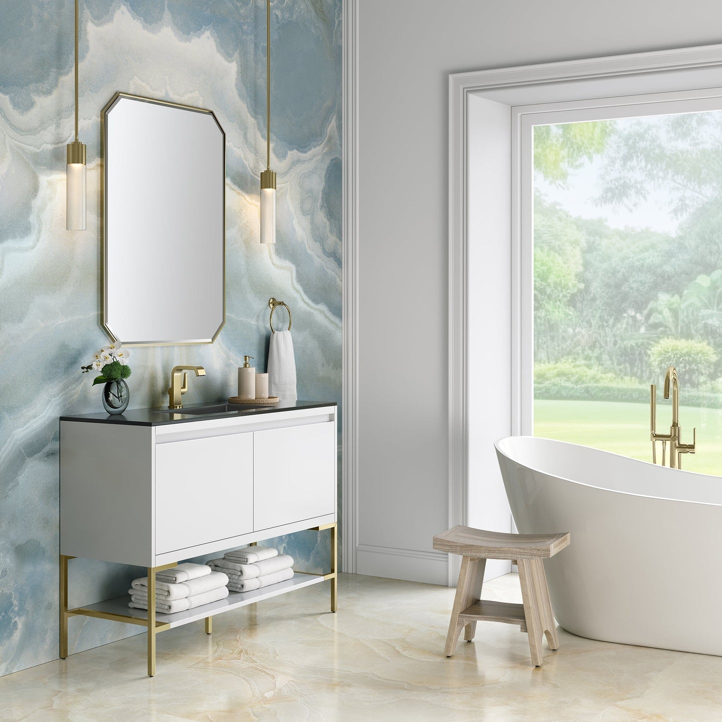 
                  
                    Mantova 47.3" Single Vanity Cabinet, Glossy White, Champagne Brass Base Single Bathroom Vanity James Martin Vanities 
                  
                