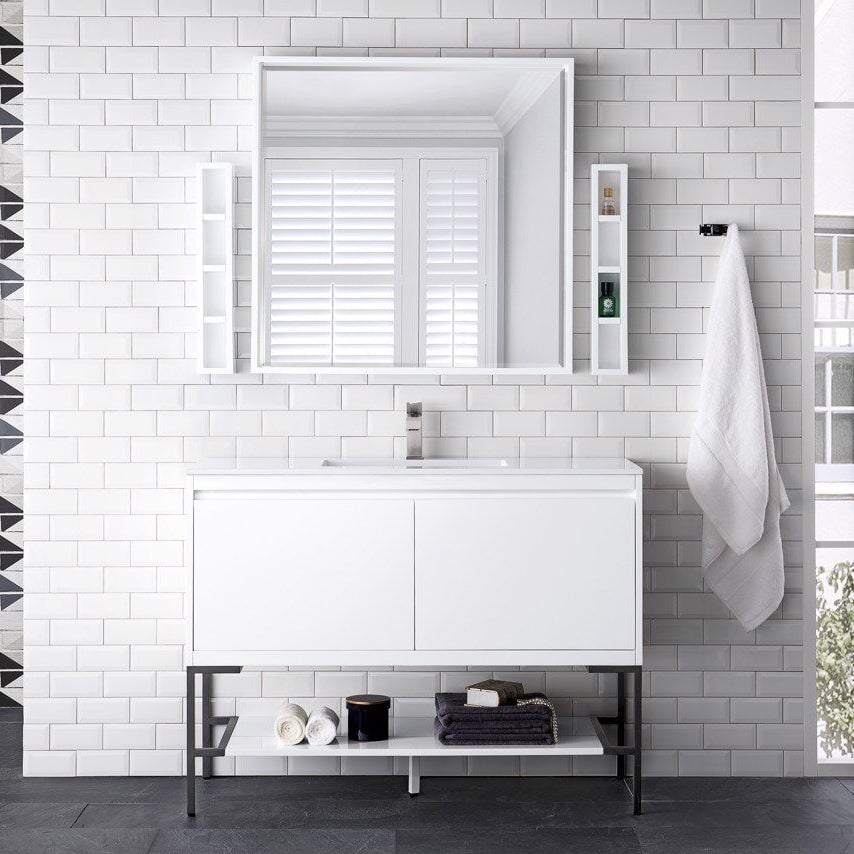 
                  
                    Mantova 47.3" Single Vanity Cabinet, Glossy White, Matte Black Base Single Bathroom Vanity James Martin Vanities 
                  
                