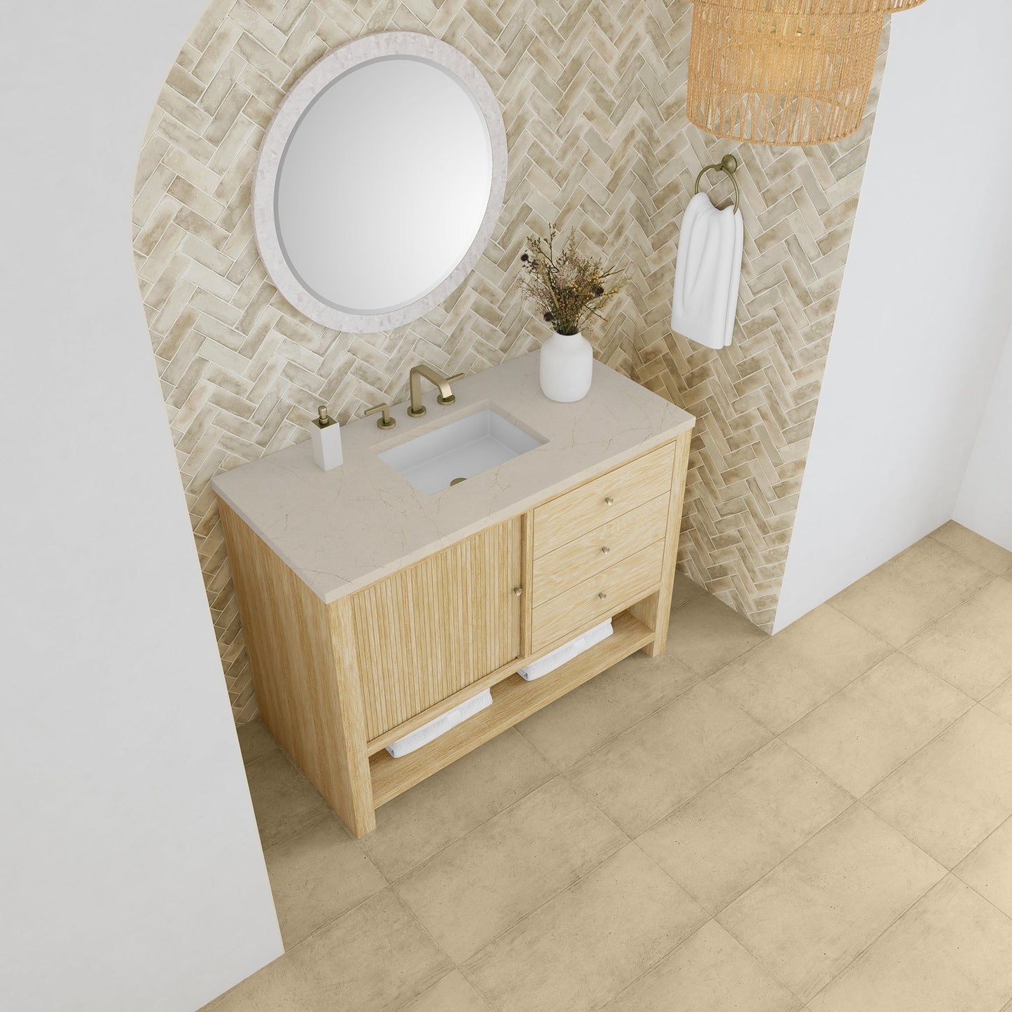 
                  
                    Marigot Single 48" Single Vanity in Sunwashed Oak Single Bathroom Vanity James Martin Vanities Eternal Marfil Silestone 
                  
                