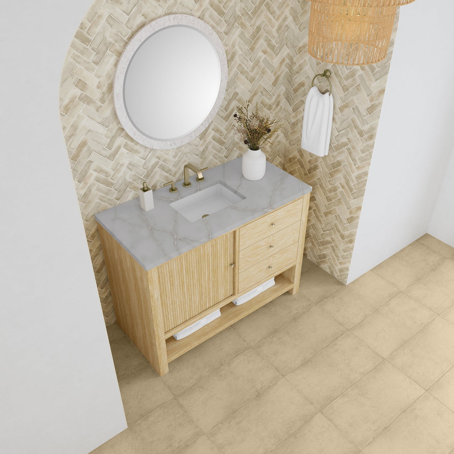 
                  
                    Marigot Single 48" Single Vanity in Sunwashed Oak Single Bathroom Vanity James Martin Vanities Victorian Silver Silestone 
                  
                