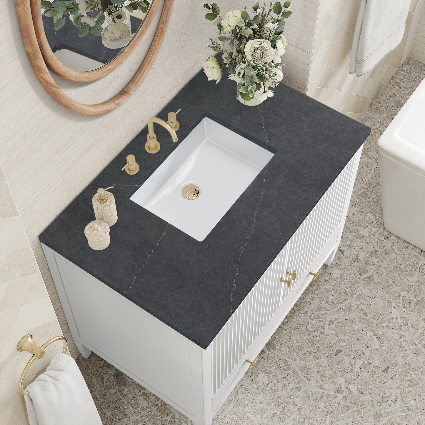 
                  
                    Myrrin 36" Single Vanity in Bright White Single Bathroom Vanity James Martin Vanities Charcoal Soapstone Silestone 
                  
                