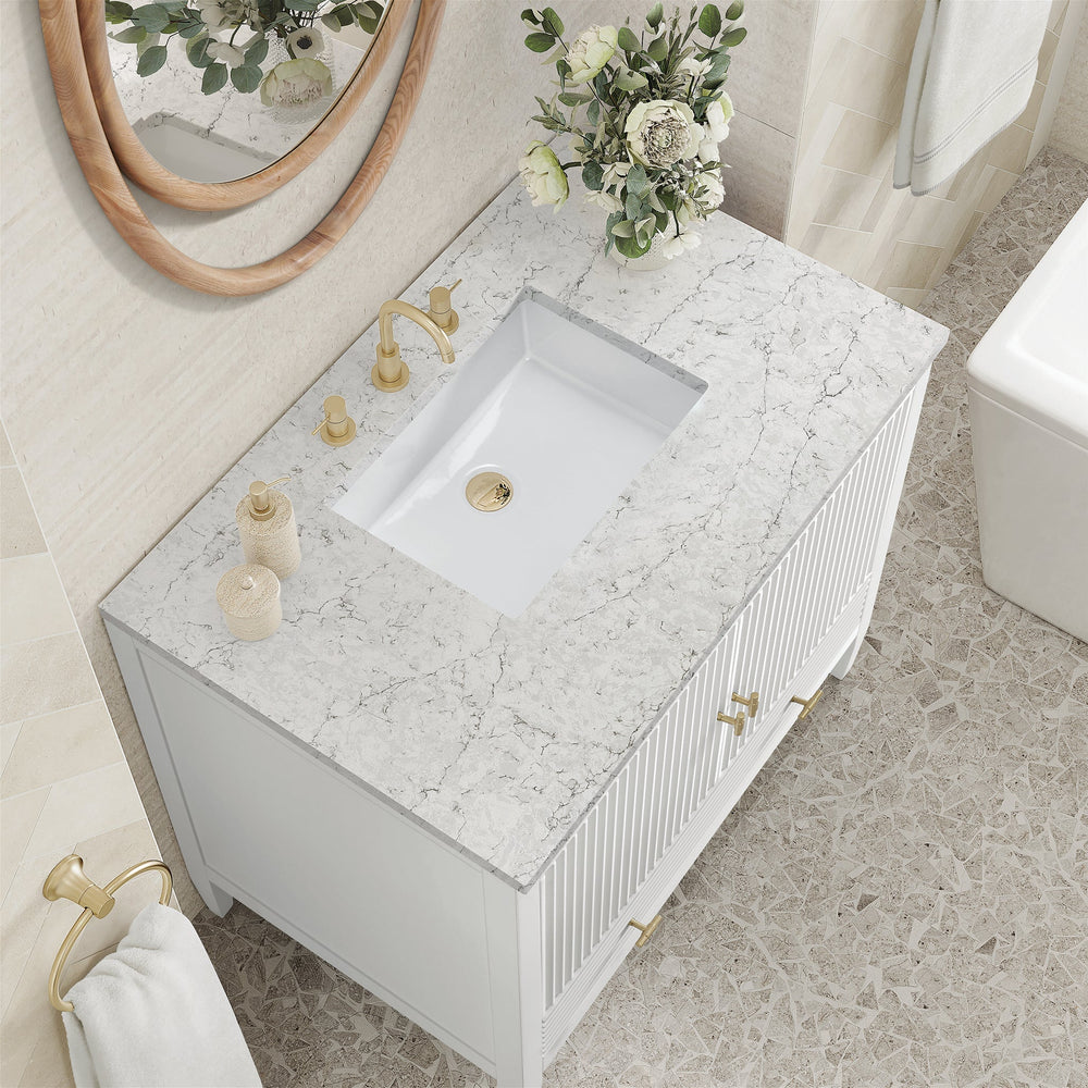 
                  
                    Myrrin 36" Single Vanity in Bright White Single Bathroom Vanity James Martin Vanities Eternal Jasmine Pearl Silestone 
                  
                