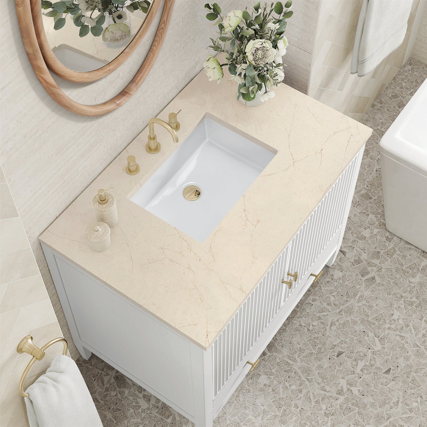 
                  
                    Myrrin 36" Single Vanity in Bright White Single Bathroom Vanity James Martin Vanities Eternal Marfil Quartz 
                  
                