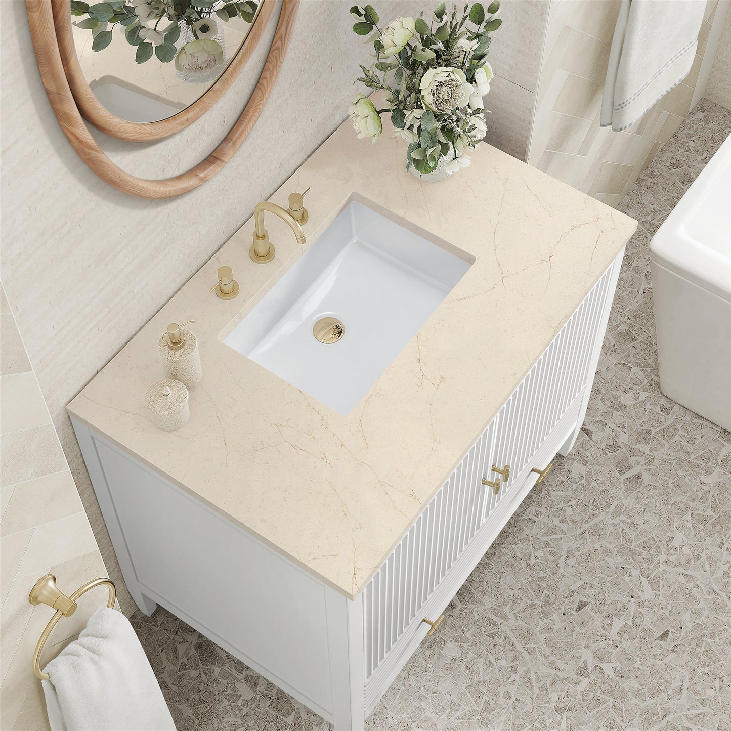 
                  
                    Myrrin 36" Single Vanity in Bright White Single Bathroom Vanity James Martin Vanities Eternal Marfil Silestone 
                  
                