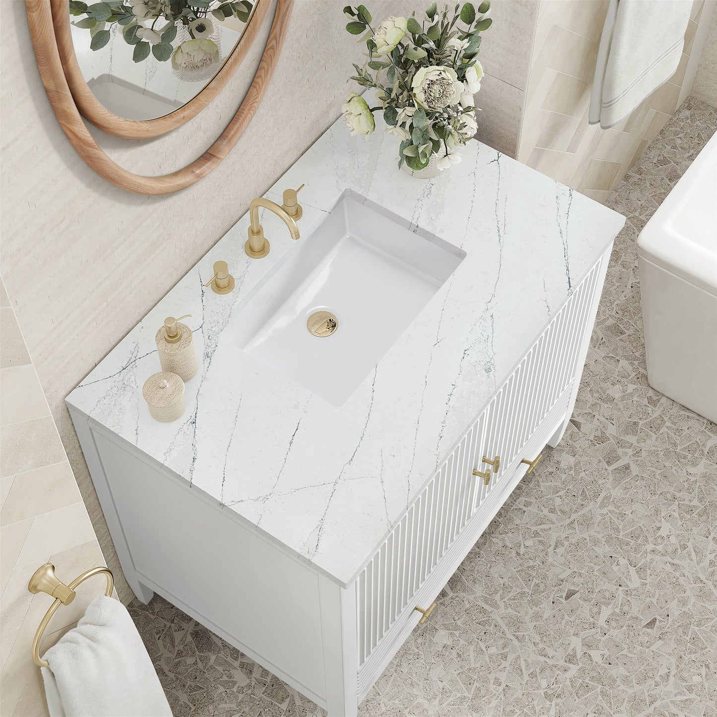 
                  
                    Myrrin 36" Single Vanity in Bright White Single Bathroom Vanity James Martin Vanities Ethereal Noctis Quartz 
                  
                