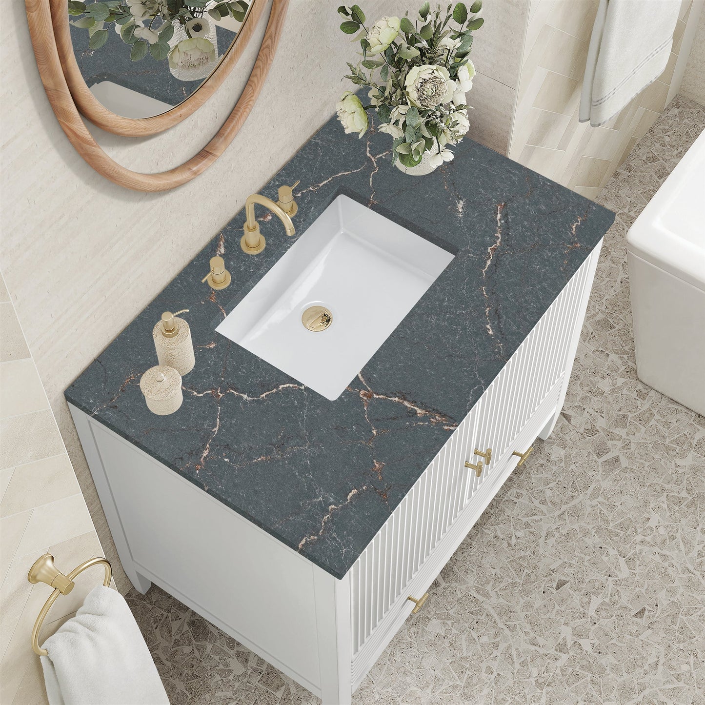 
                  
                    Myrrin 36" Single Vanity in Bright White Single Bathroom Vanity James Martin Vanities Parisien Bleu Silestone 
                  
                