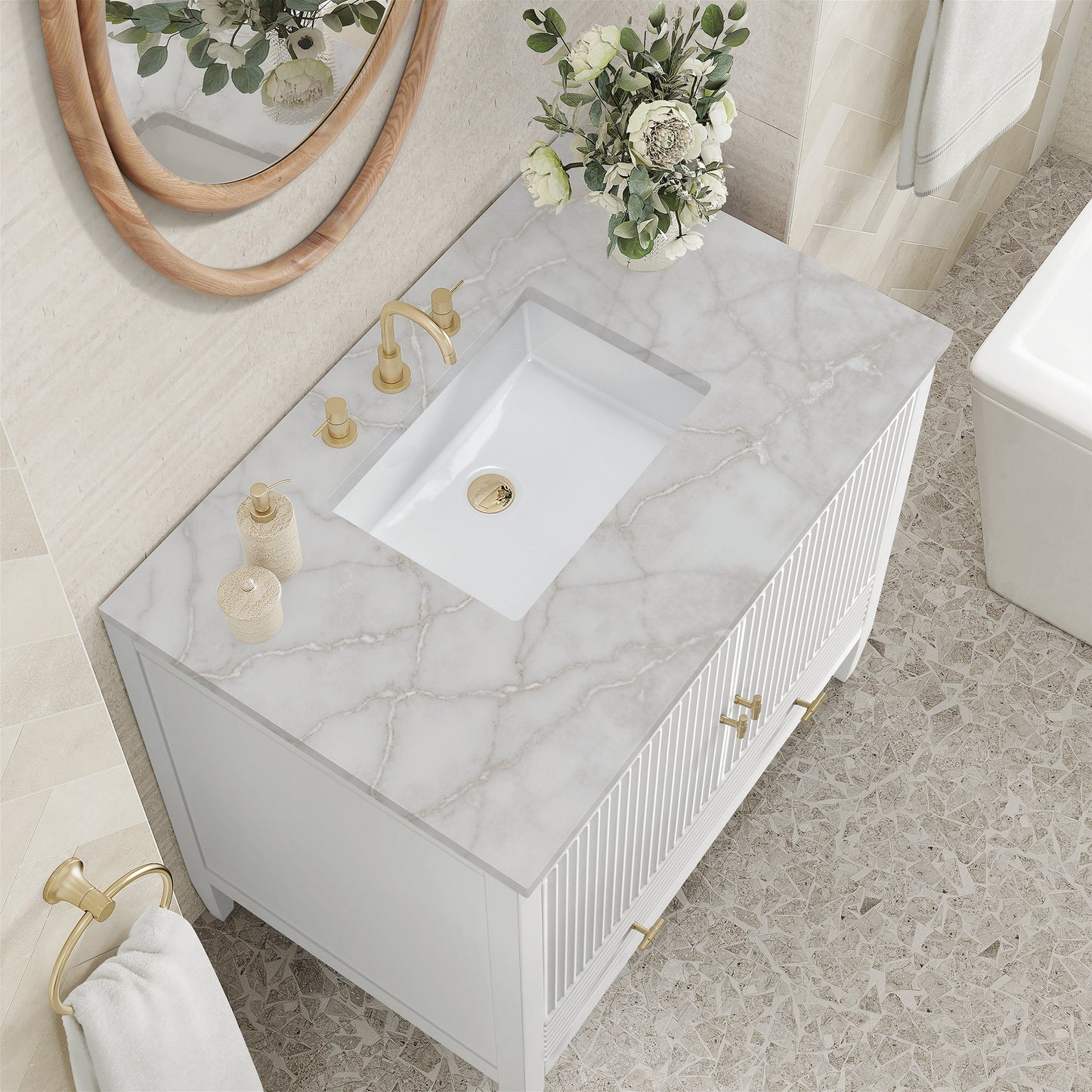 
                  
                    Myrrin 36" Single Vanity in Bright White Single Bathroom Vanity James Martin Vanities Victorian Silver Silestone 
                  
                