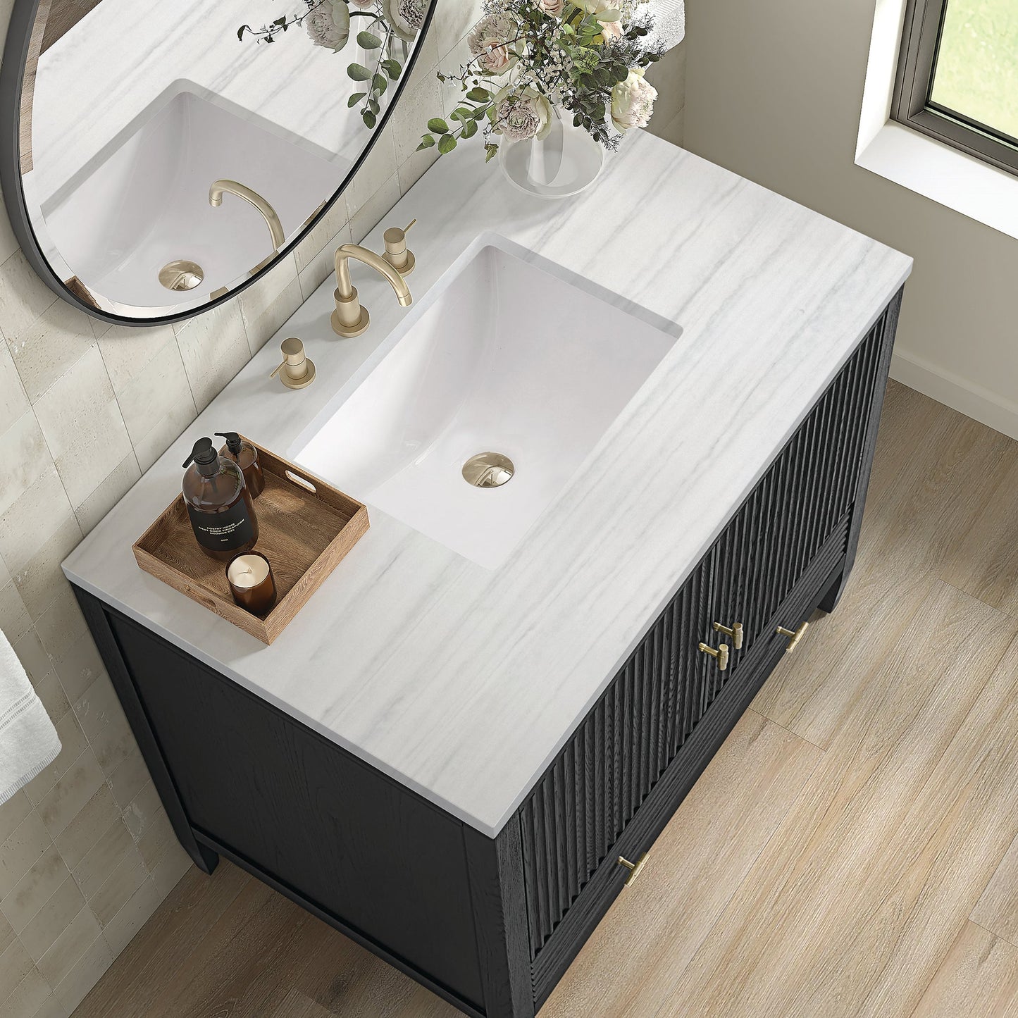 
                  
                    Myrrin 36" Single Vanity in Carbon Oak Single Bathroom Vanity James Martin Vanities Arctic Fall solid surface 
                  
                