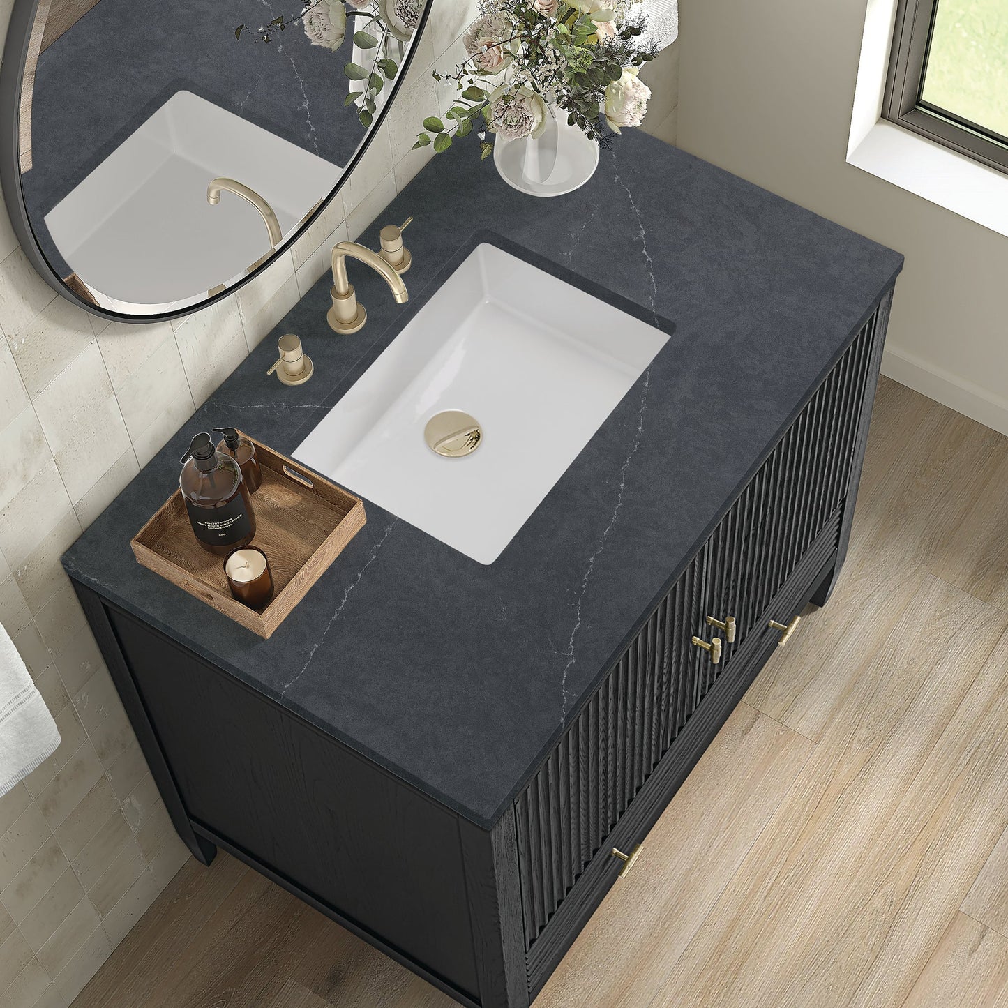 
                  
                    Myrrin 36" Single Vanity in Carbon Oak Single Bathroom Vanity James Martin Vanities Charcoal Soapstone Quartz 
                  
                