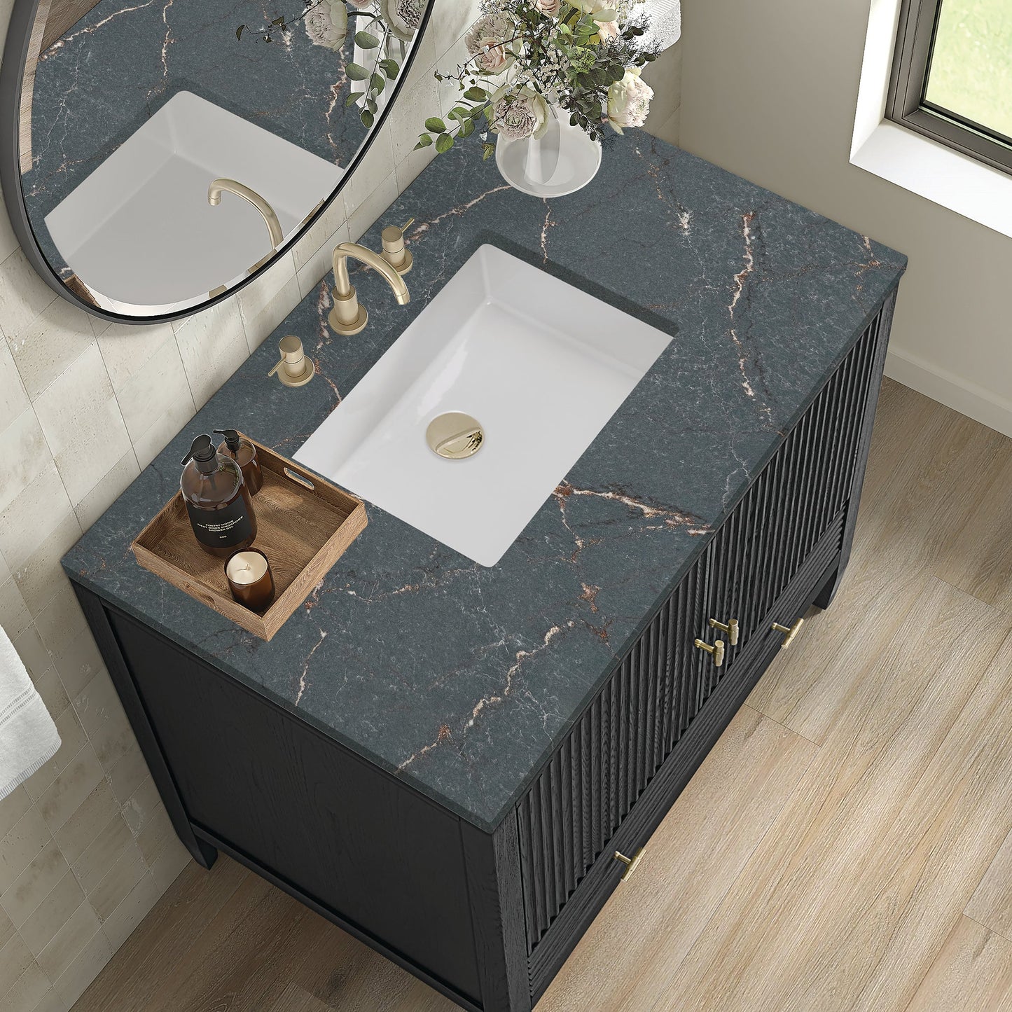 
                  
                    Myrrin 36" Single Vanity in Carbon Oak Single Bathroom Vanity James Martin Vanities Parisien Bleu Quartz 
                  
                
