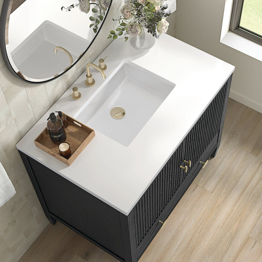 
                  
                    Myrrin 36" Single Vanity in Carbon Oak Single Bathroom Vanity James Martin Vanities White Zeus Quartz 
                  
                