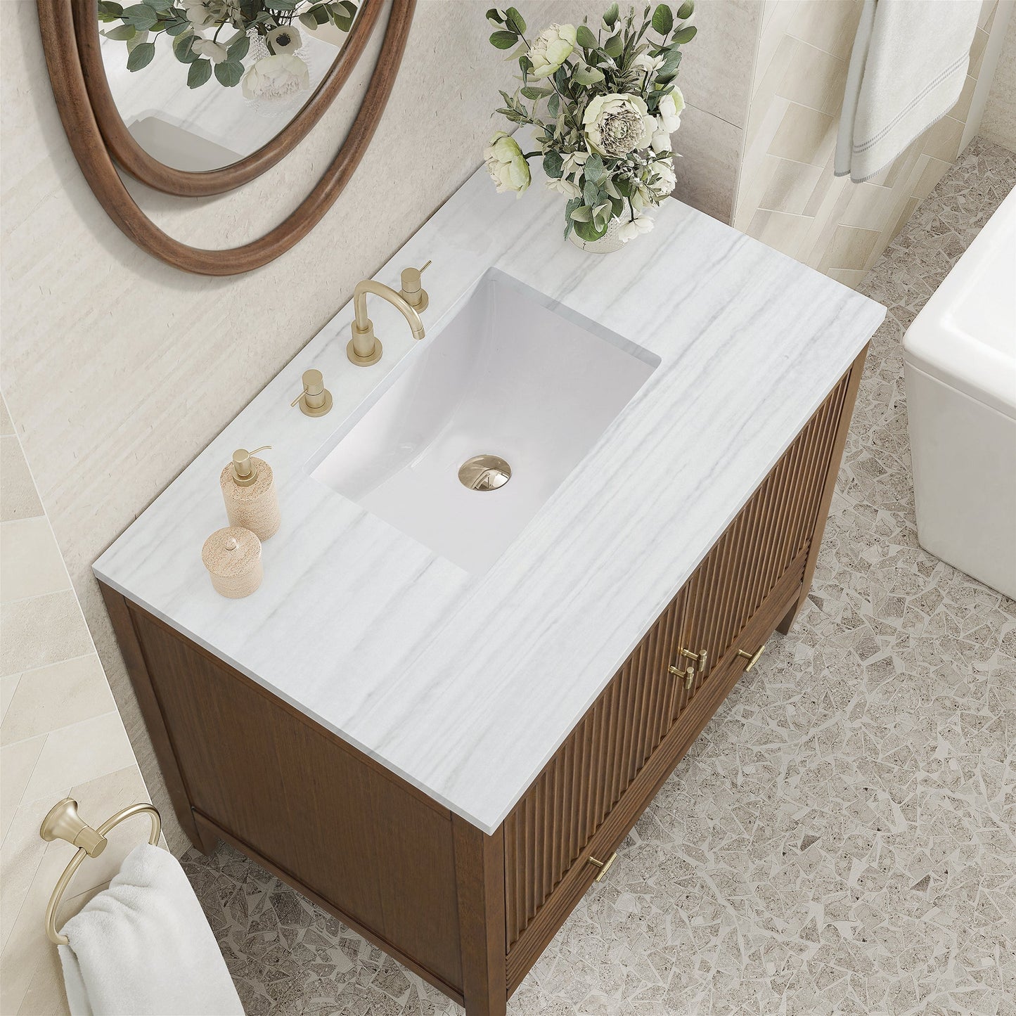 
                  
                    Myrrin 36" Single Vanity in Mid-Century Walnut Single Bathroom Vanity James Martin Vanities Arctic Fall solid surface 
                  
                